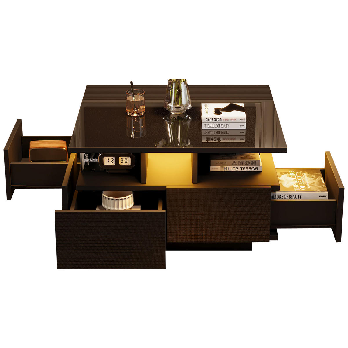 COUCHTISCH 70/70/40 cm schwarz mit 4 Schubladen und LED-Beleuchtung - Schwarz, Holzwerkstoff (70/70/40cm) - OKWISH