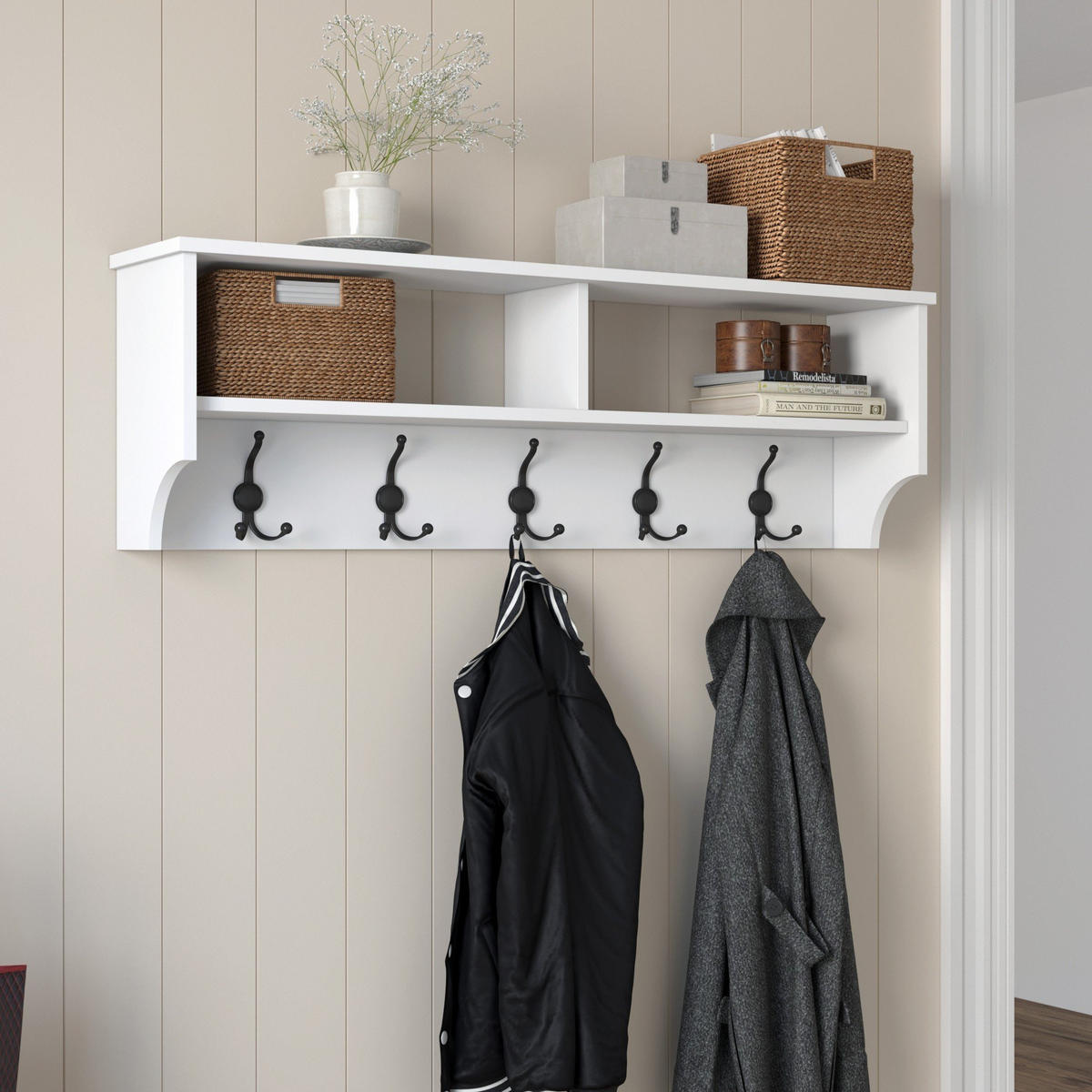 GARDEROBE mit 2 fächern und 5 haken 22,2/120/37,2 cm - Weiß, Holzwerkstoff (120/37.2/22.2cm) - Calicosy