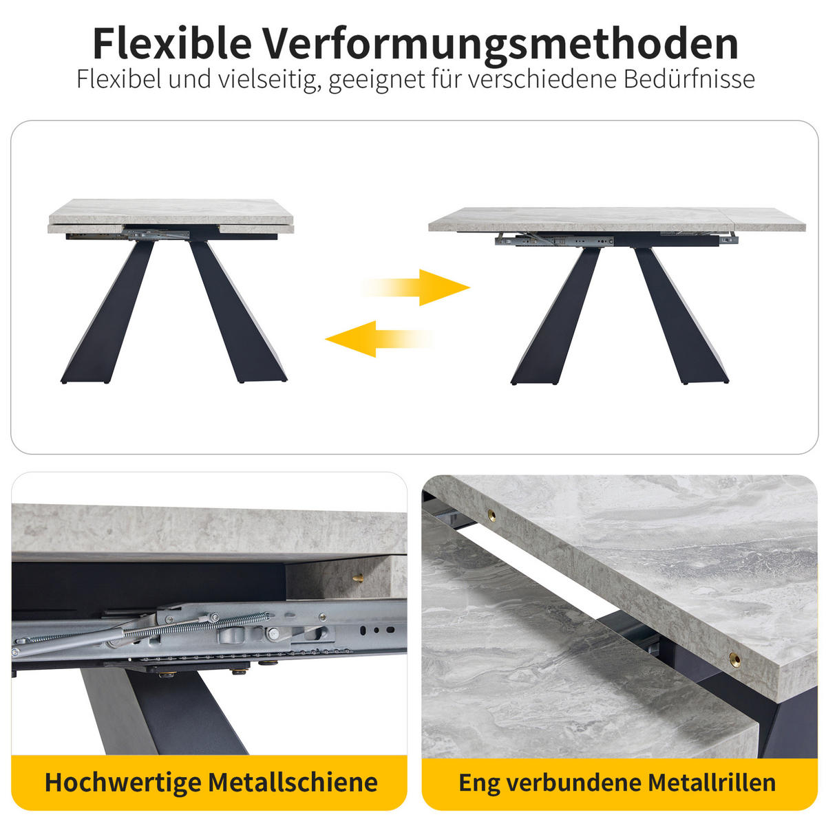 AUSZIEHBARER Esstisch MDF in Marmoroptik, 99–159/74/77 cm, Grau, mit Metallschienen & Metallgestell - Grau, Holzwerkstoff (159/74/77cm) - Redom