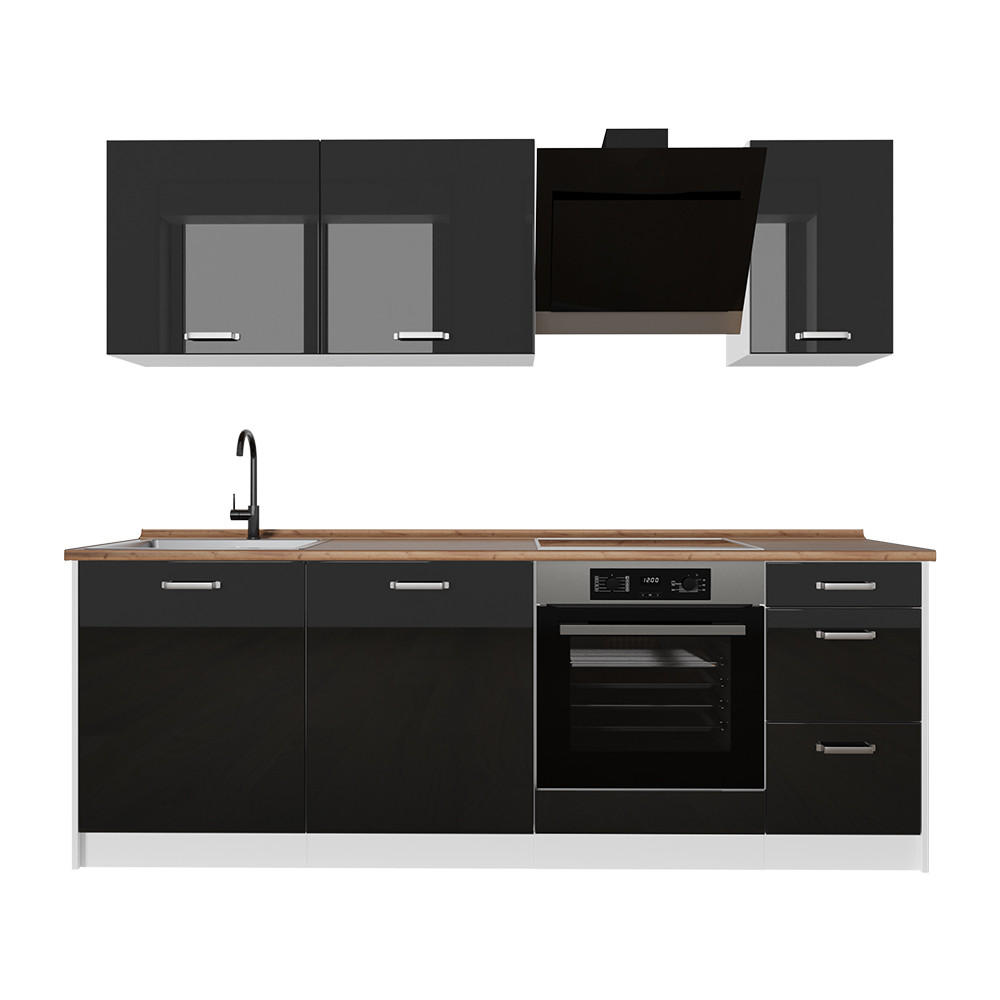 Vicco Küchenzeile Schwarz Hochglanz, Weiß 220x81.6x60 cm