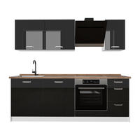 KÜCHENZEILE R-Line, Schwarz Hochglanz/Weiß, 220 cm Arbeitsplatte Goldkraft Eiche - Schwarz Hochglanz/Weiß, Holzwerkstoff (220/81.6/60cm) - Vicco