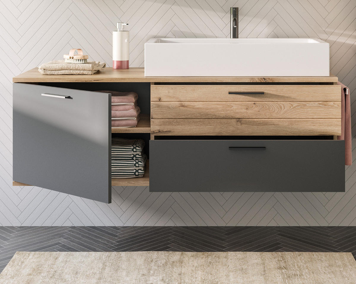 WASCHTISCHKOMBI Eiche, grau 140 cm inklusive Waschbecken, Soft-Close - Eichefarben/Schwarz, Keramik/Holzwerkstoff (140/62/48cm) - Inn.Furn