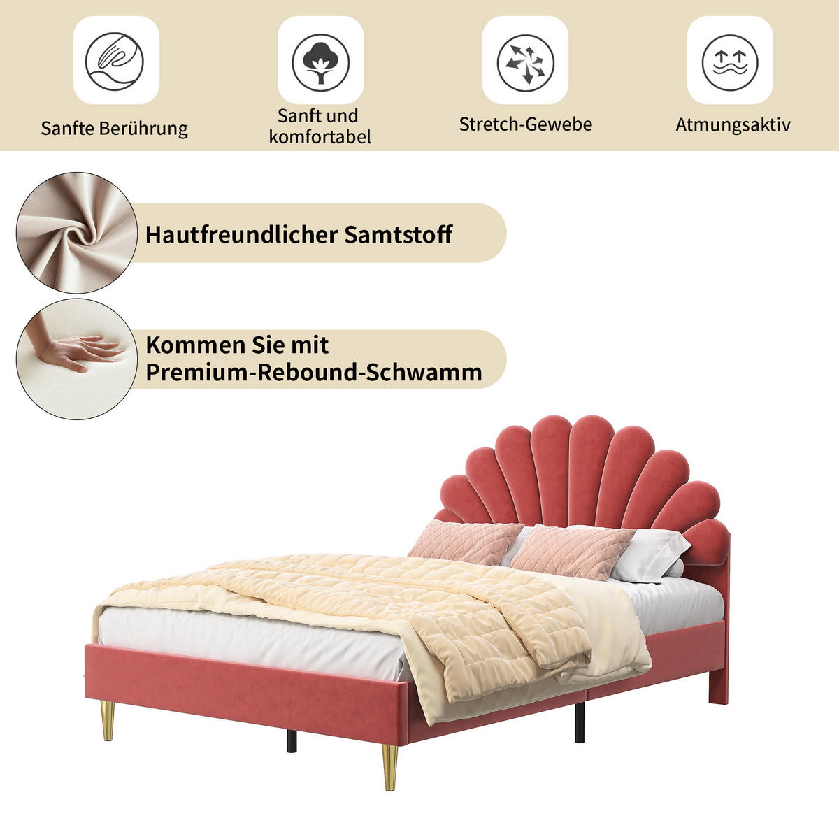 POLSTERBETT 140x200 cm, doppelbett, mit blütenblattförmigem Kopfteil, aus weichem Samt in Rotwein - Rot, Holz/Textil (140/200cm) - BRILVERDE