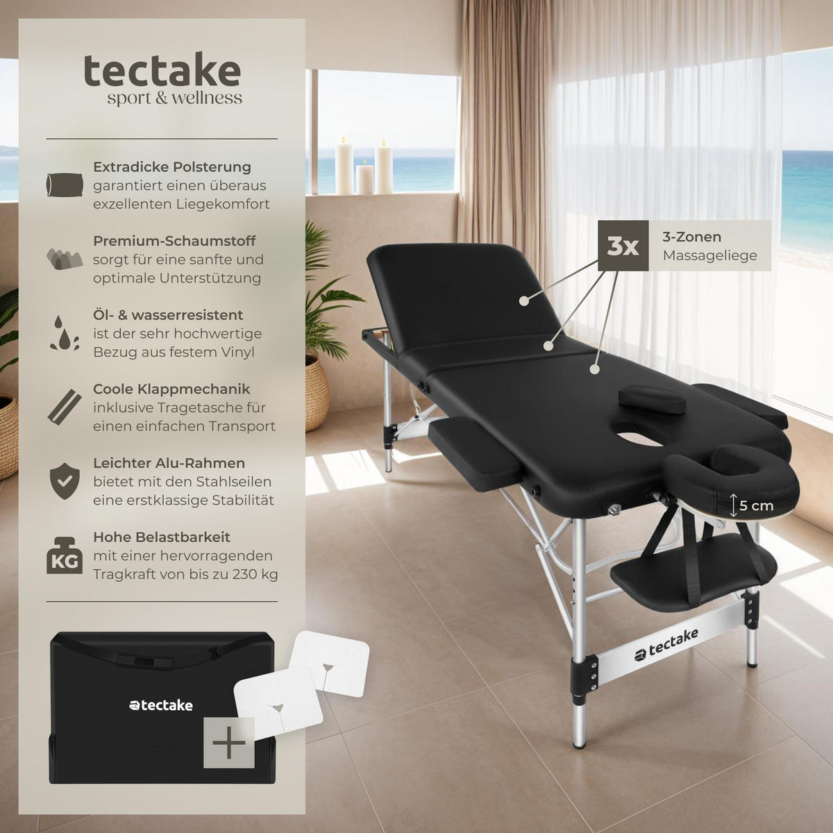 MASSAGELIEGE 3 Zonen Phuket,212 x 103 x 90 cm,schwarz - Schwarz, Metall (103/90/212cm) - tectake
