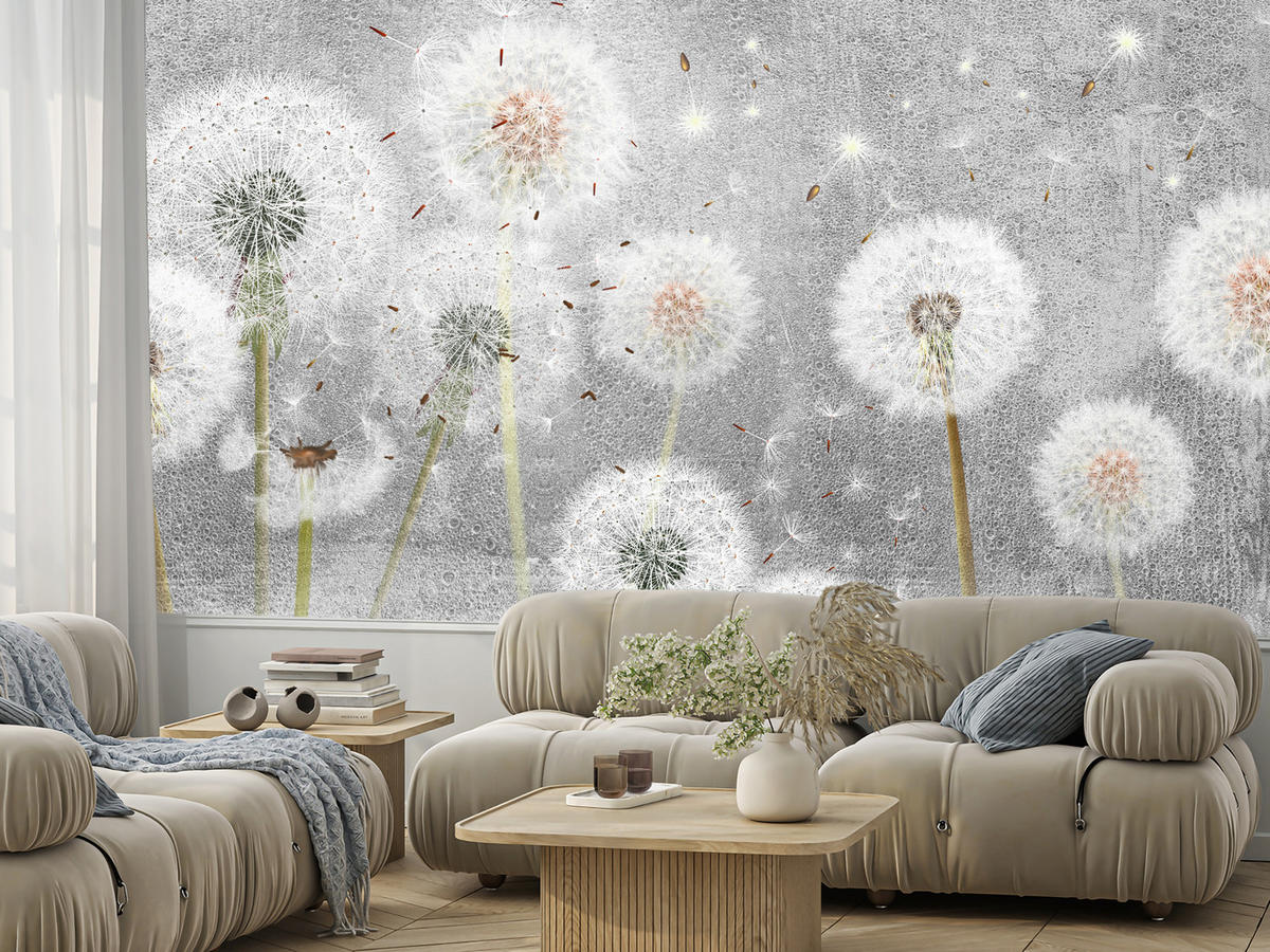 FOTOTAPETE für Schlafzimmer Retro Löwenzahn Beton Minimalistisch 450x315 - Gelb/Weiß, Papier (450/315cm) - Muralo