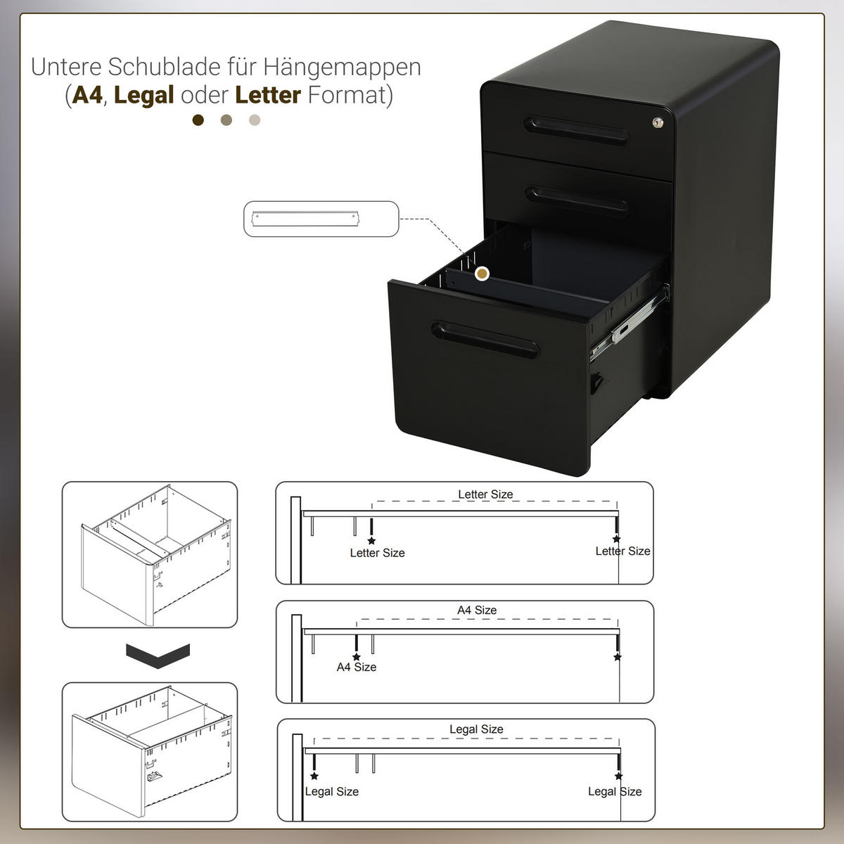 AKTENSCHRANK mit 3 Schubladen, Stahl, Weiß, 39 x 48 x 59 cm - Schwarz, Metall (48/59/39cm) - Vinsetto