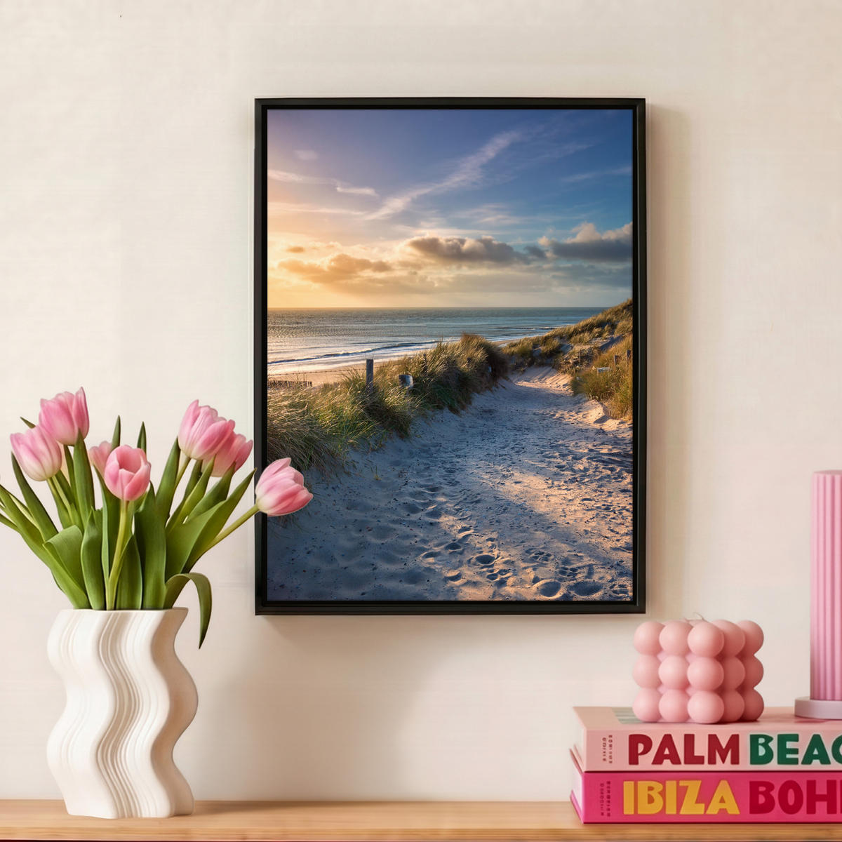 LEINWAND Bilder mit Rahmen - Sonnenuntergang - Strand - Düne - Gras - Ufer - 30x40 - Sandfarben, Textil (30/40cm) - MuchoWow