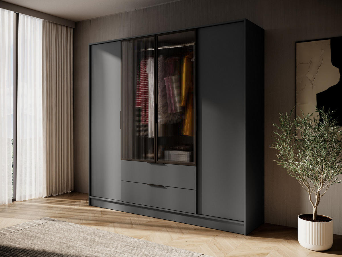 KLEIDERSCHRANK RICADI 4D RM (Graphit, Riffelglas, 4 Türen, 2 Schubladen, Kunststoffgriffe) - Schwarz/Graphitfarben, Holz/Holzwerkstoff (206/200/51cm) - Ravio