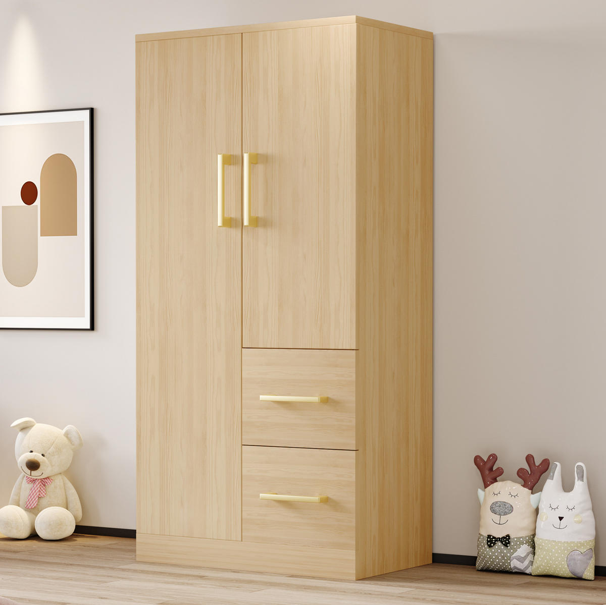 KLEIDERSCHRANK aus Holz 70x40x135 cm Holzfarbe mit Doppeltüren, 2 Schubladen und großem Stauraum - Naturfarben, Holzwerkstoff (70/135/40cm) - Modfu