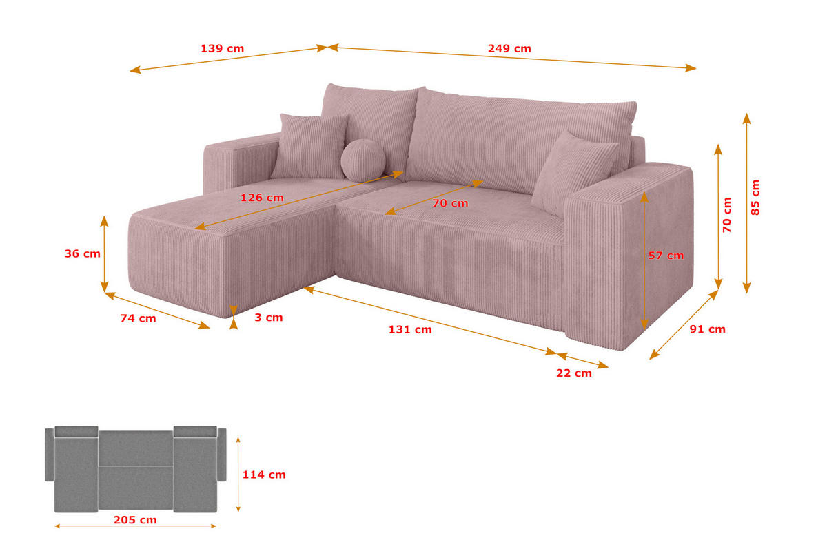 ROHOVÁ SEDAČKA s funkcí spaní, otoman vlevo SENO-L 249x139x85 růžová manšestr - růžová/černá, kompozitní dřevo/textil (249/139cm) - ALTDECOR