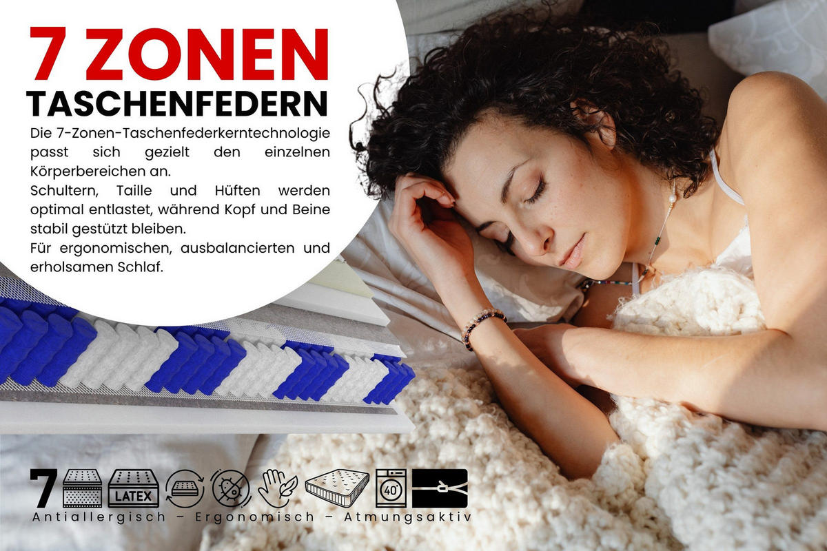 TASCHENFEDERKERNMATRATZE PREMIUM 7 LATEX mit Latex-Einlage 120/200/21 Weiß H3 - Weiß, Textil (120/200cm) - Deine Möbel 24