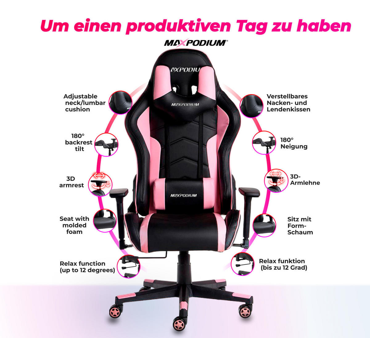 GAMING-BÜROSTUHL TACTICAL Schwarz Rosa - Pink/Schwarz, Kunststoff/Metall (55/137/50cm) - MaxPodium