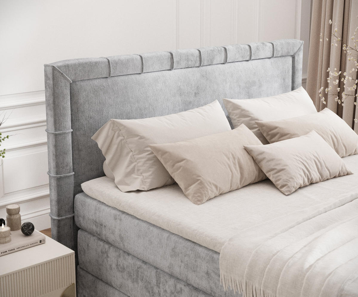 BOXBETT Estelle Hellgrau 180/200 cm im Chenille-Stoff - Hellgrau/Schwarz, Holz/Holzwerkstoff (180/200cm) - Maison de Reve