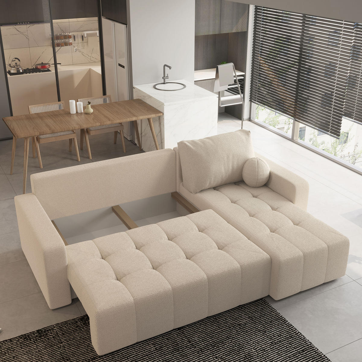 ECKSOFA VOLIRA Creme Boucle-Stoff mit Schlaffunktion - Creme, Holz (230/143cm) - MASSENO