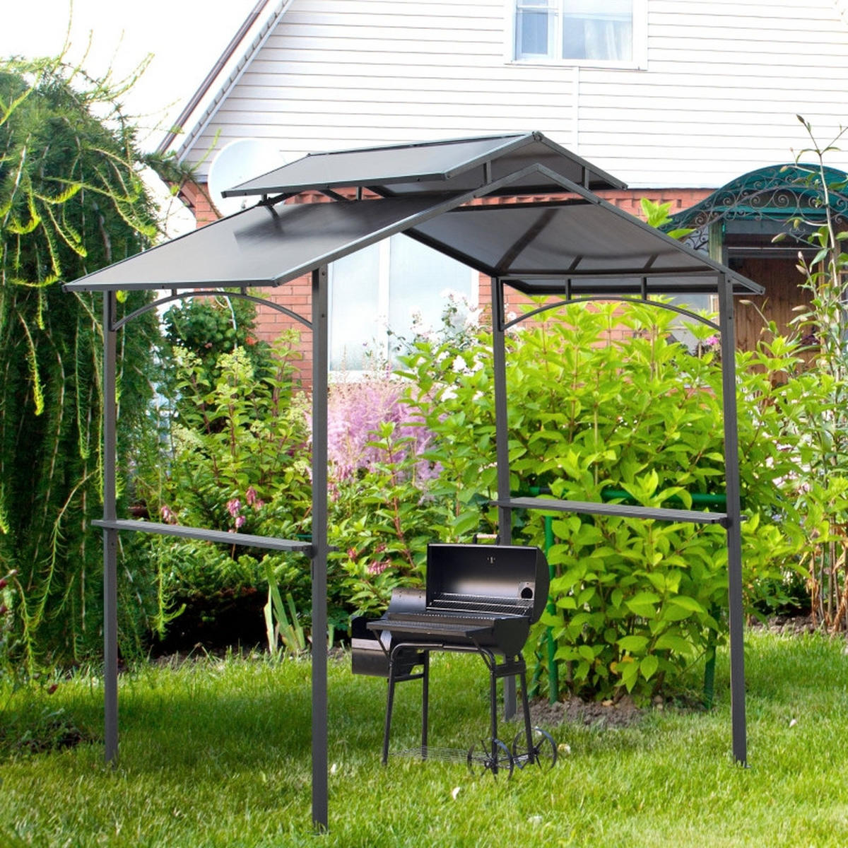 GRILLPAVILLON mit Flammschutzdach, mit 2 Ablagen 2.5 x 1.5 m Stahl PC, Schwarz+Braun - Schwarz, Metall (150/250/240cm) - Hauptrolle