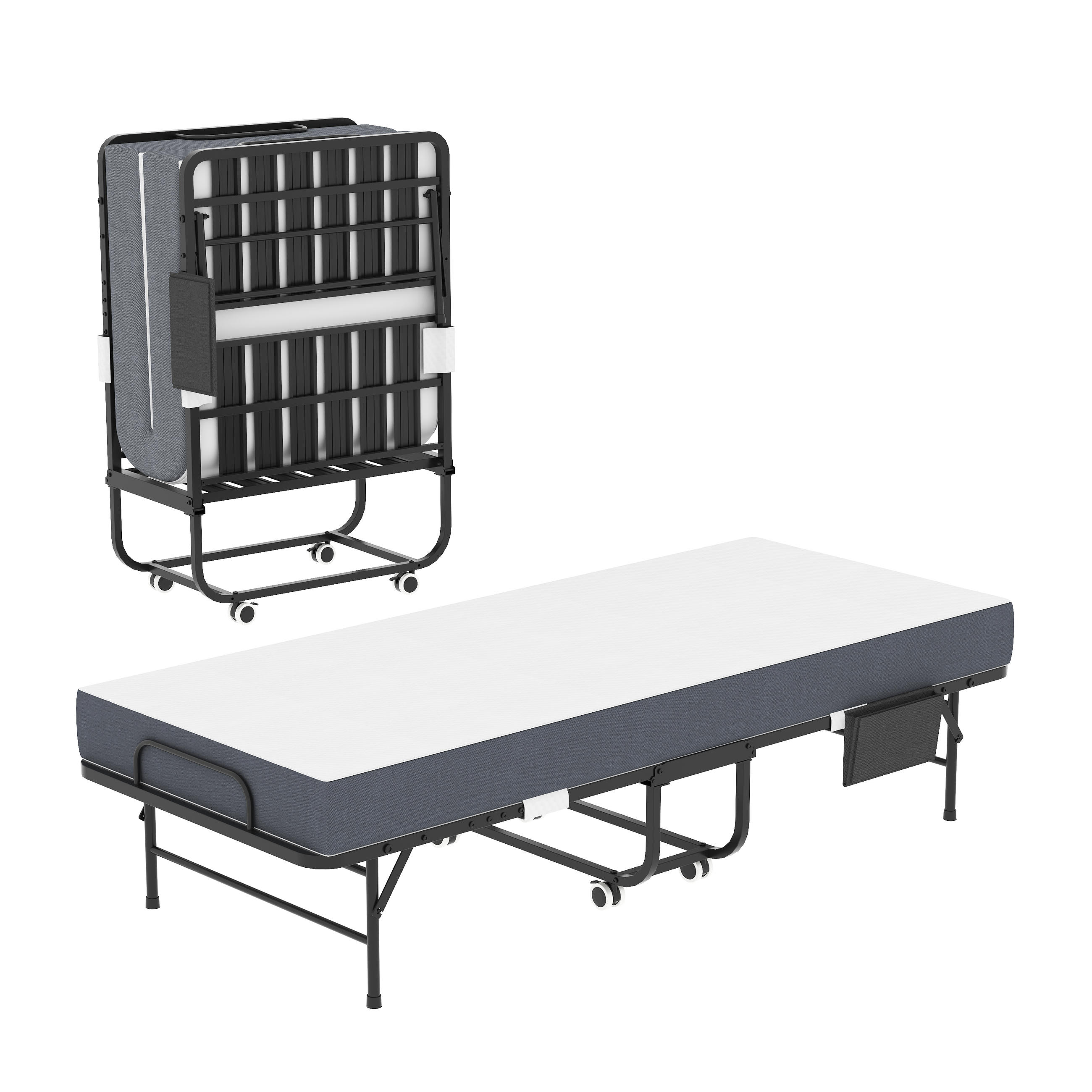 KLAPPBETT auf Rollen 80x190 cm Metall Schwarz inkl. Matratze - Schwarz, Metall (80/190cm) - Meubliv