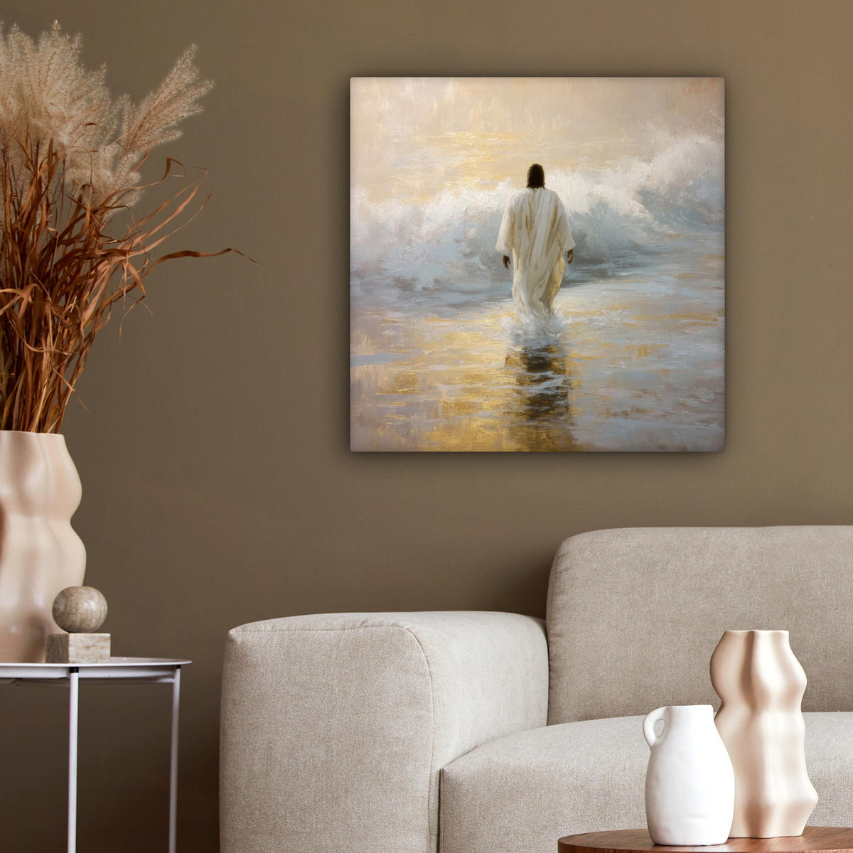 LEINWANDBILD Gemälde - Welle - Jesus - Abstrakt Wandbild Wohnzimmer 50x50 cm - Goldfarben, Textil (50/50cm) - MuchoWow