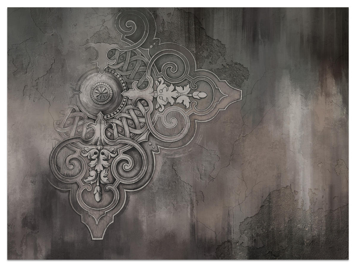 FOTOTAPETE für Wohnzimmer Retro Ornament Betonwand 250x175 - Schwarz/Braun, Papier (250/175cm) - Muralo