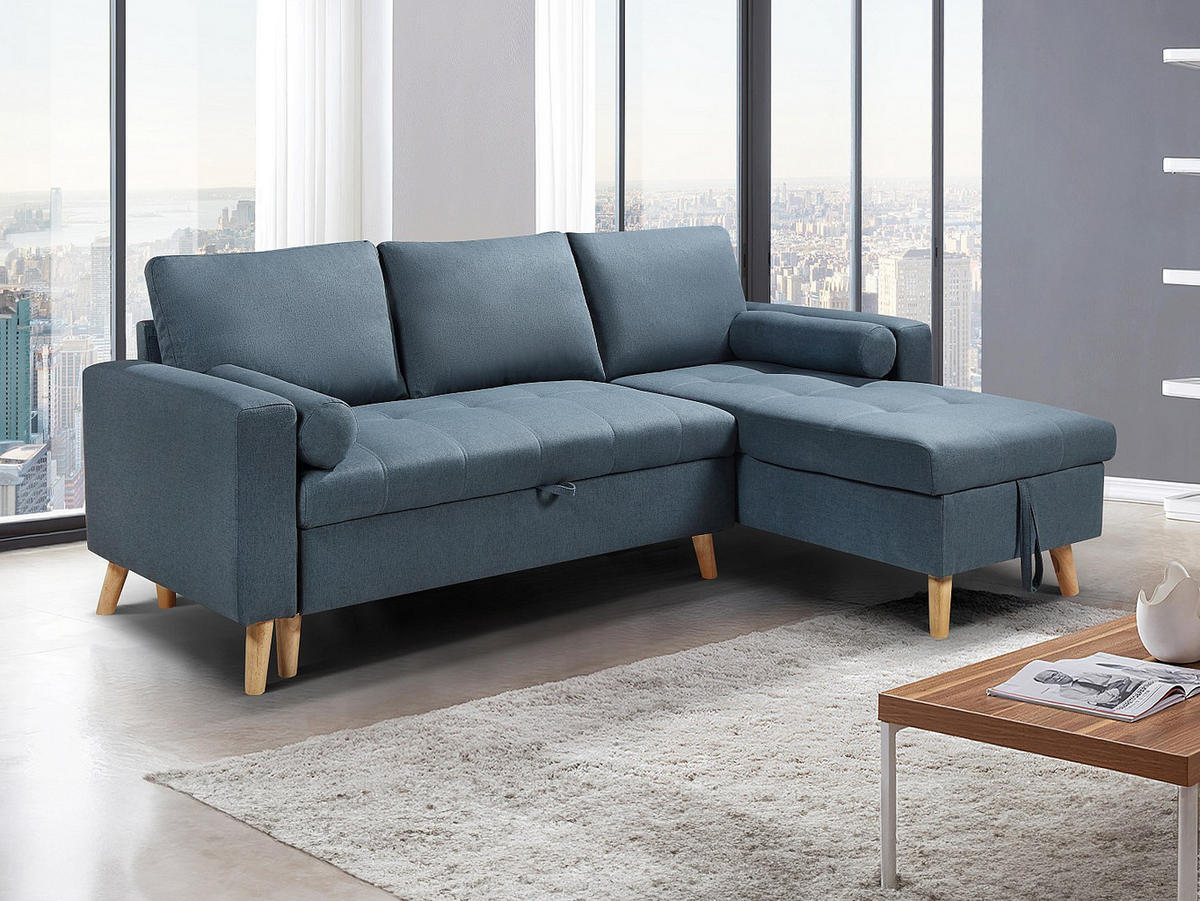 ECKSOFA mit Schlaffunktion & Bettkasten – Stoff – Türkisblau – KORI - Blau, Textil (225/146cm) - Vente-Unique