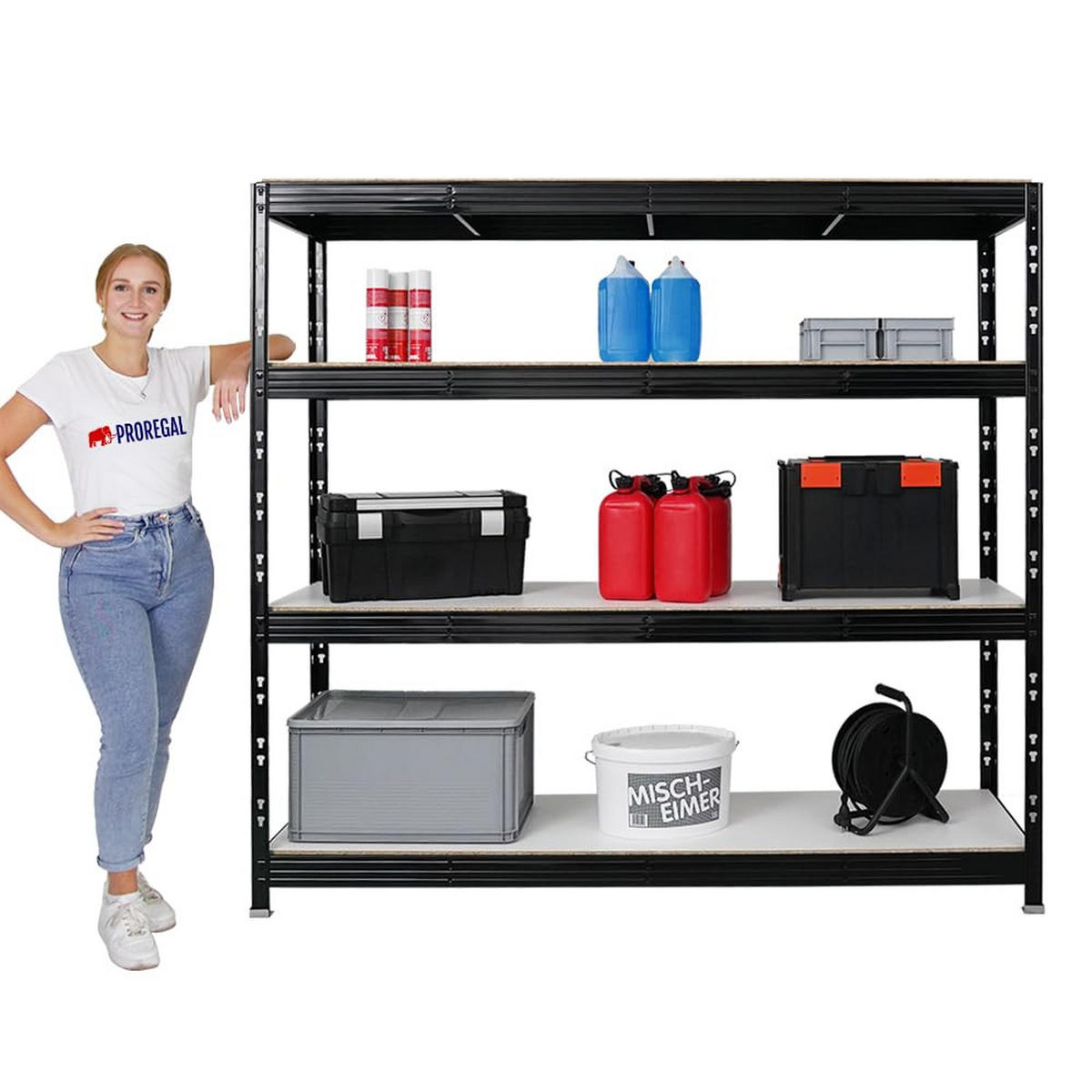SCHWERLASTREGAL Rhino 2er-Set mit 2x 180x200x60 cm 4 Melamin-Ebenen 16mm Fachlast 500 kg Schwarz - Schwarz, Metall (400/180/60cm) - PROREGAL