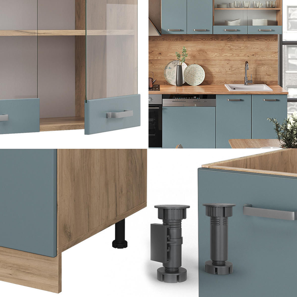KÜCHENZEILE R-Line Blau-Grau/Goldkraft Eiche 300 cm, AP Anthrazit - Eiche Wotan/Blaugrau, Holzwerkstoff (300/81.6/60cm) - Vicco