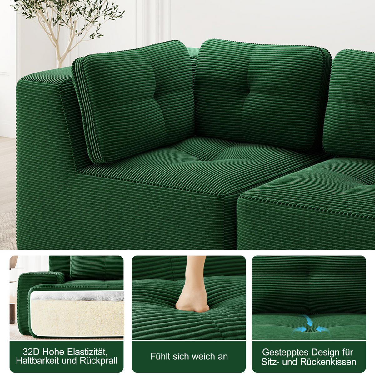 ECKSOFA 386/177/69 cm grün aus Cord mit modularem Design und tiefer Sitzfläche - Grün, Textil (177/386cm) - OKWISH