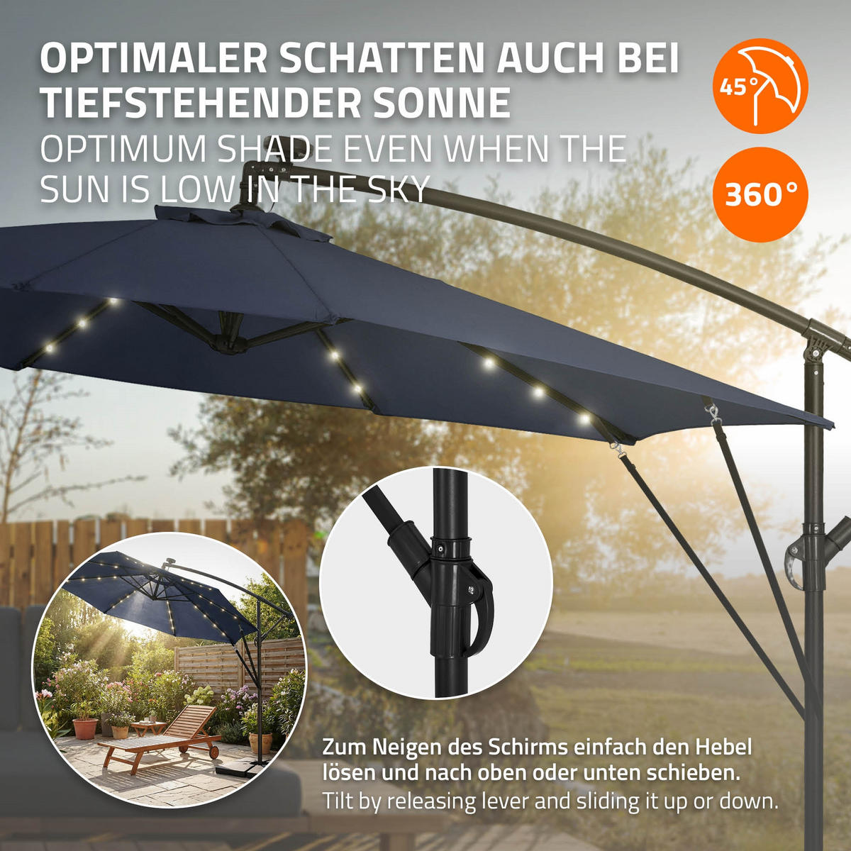 AMPELSCHIRM Ø 300 cm in Navy Blau aus Aluminium mit LED-Solar - Blau, Metall (300/300cm) - ML-DESIGN