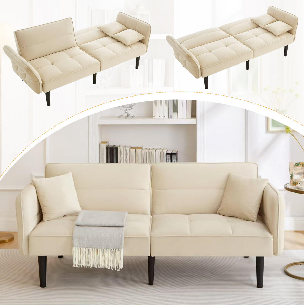 SCHLAFSOFA aus Samtstoff Beige mit verstellbaren Rückenlehnen, klappbaren Armlehnen und Schlaffunktion - Beige, Kunststoff (176/76/78cm) - Modfu