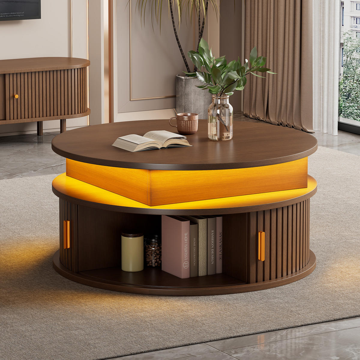 COUCHTISCH Walnussholz höhenverstellbar mit LED und Stauraum 75/75/52 cm - Walnussfarben, Holzwerkstoff (75/75/52cm) - PANGIVO