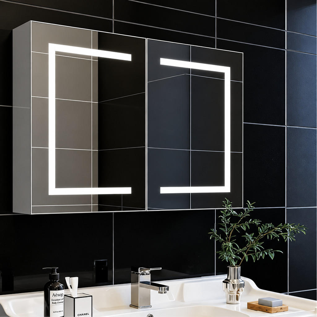 SPIEGELSCHRANK Badezimmerschrank mit LED-Beleuchtung, höhenverstellbaren Einlegeböden, drei Farbtemperaturen, Korpus, zweitüriger Schrank - Weiß, Holz/Holzwerkstoff (13.5/60/80cm) - WoodenAura