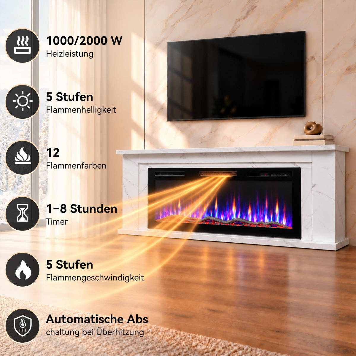 ELEKTROKAMIN 50E-2, 50 Zoll, 1000/2000 W Heizleistung, Steuerung über App - Weiß, Holzwerkstoff (27.5/66/178cm)