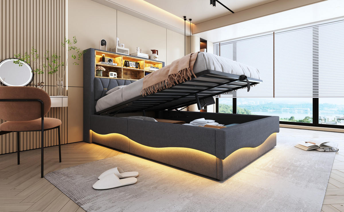 POLSTERBETT 140x200 cm mit LED, USB, Stauraum, Leinen, Grau - Grau, Holz (140/200cm)