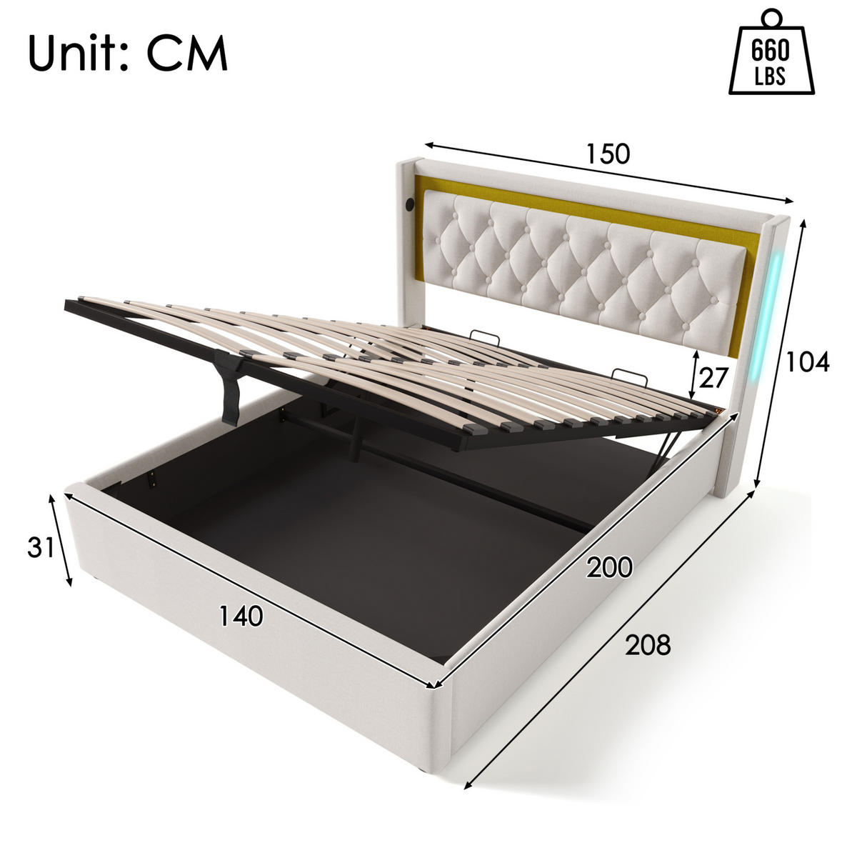 POLSTERBETT 140/200 cm Beige LED mit Stauraum und USB-Anschlüssen mit Matratze - Beige, Textil (140/200cm) - OKWISH