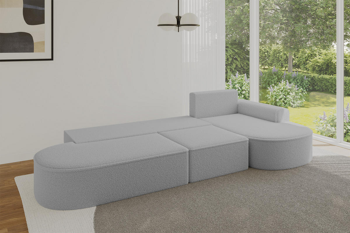 ECKSOFA mit Schlaffunktion Ottomane RECHTS MARI L2-S 368X167X85 Hellgrau Bouclé - Hellgrau/Schwarz, Holzwerkstoff/Kunststoff (167/368cm) - ALTDECOR