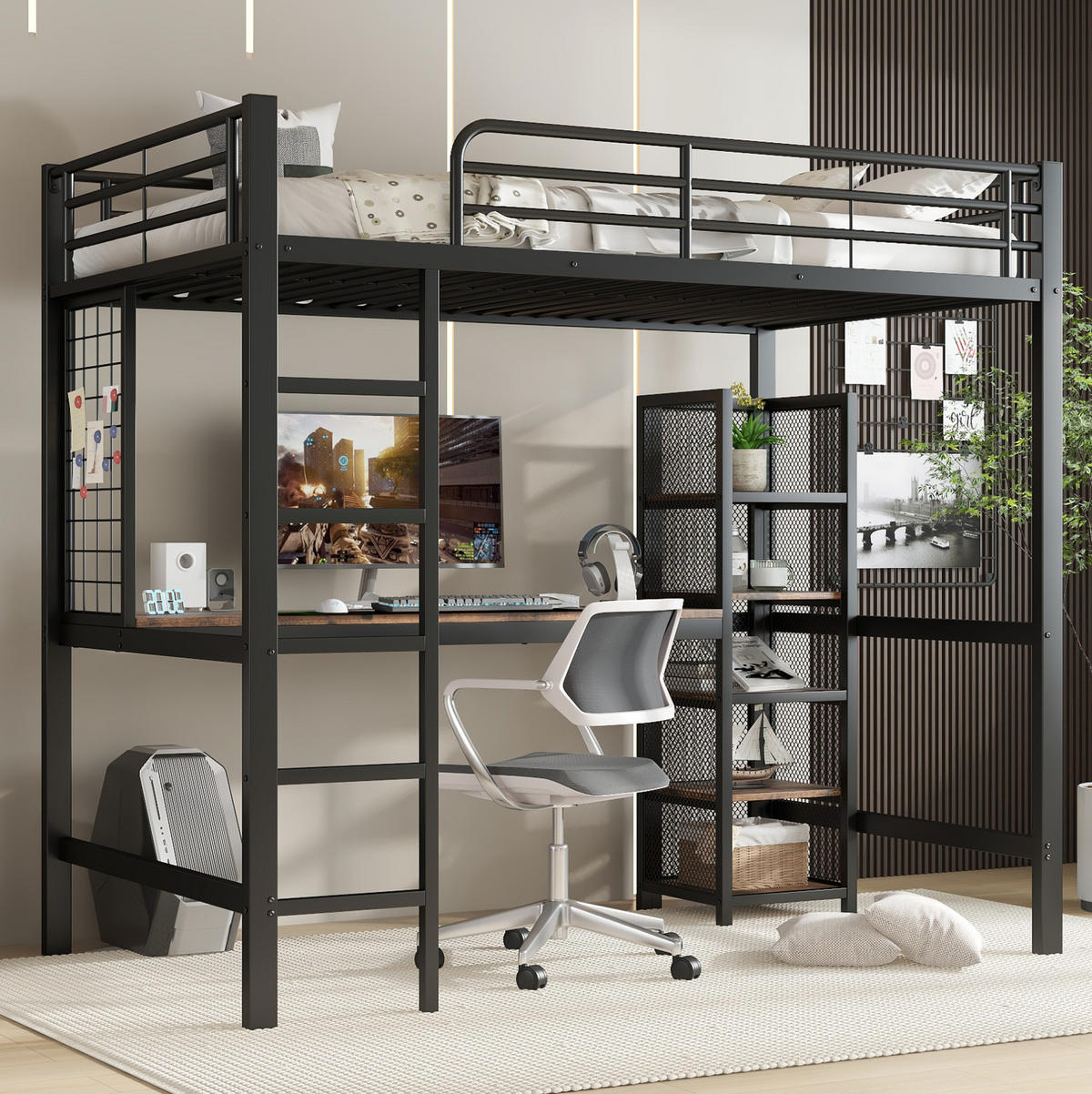HOCHBETT 90/200 cm in Schwarz/dunkler Holzfarbe mit Tisch und Regalfächern, ohne Matratze - Schwarz, Metall (90/200cm) - MIVRAY