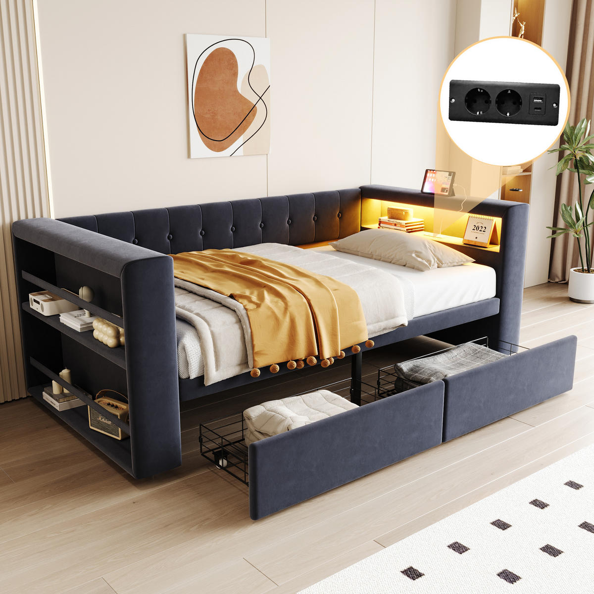 POLSTERBETT 90/190 cm dunkelgrau mit LED-Beleuchtung und großem Stauraum - Dunkelgrau, Textil (90/190cm) - OKWISH