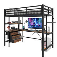 HOCHBETT 90/200 cm mit LED-Beleuchtung, Schreibtisch, USB, Steckdose, 3 Schubladen und Regal, Schwarz - Schwarz, Metall (90/200cm) - Redom