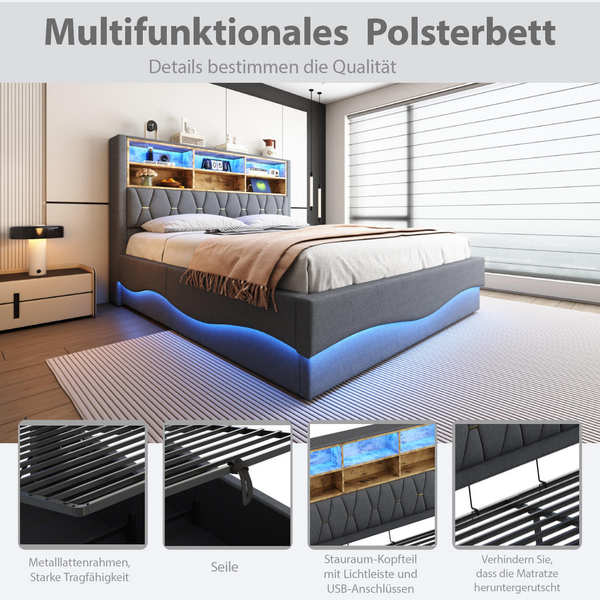 POLSTERBETT 140/200 cm in Grau Leinen mit Bettkasten, LED und USB - Grau, Holzwerkstoff/Textil (140/200cm) - WISHDOR