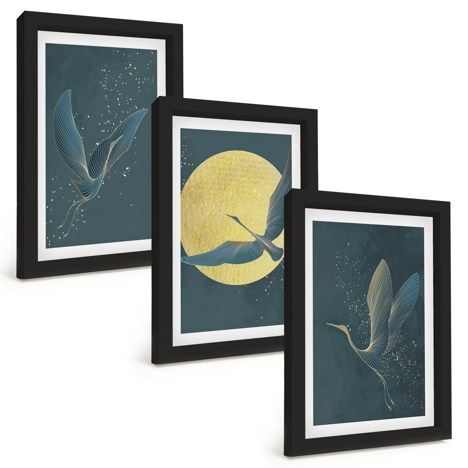 BILDER SET 3er Set - 20x30 cm Schwarzer Rahmen - Kraniche im Flug bei Nacht - Schwarz, Kunststoff (20/30cm) - TULUP