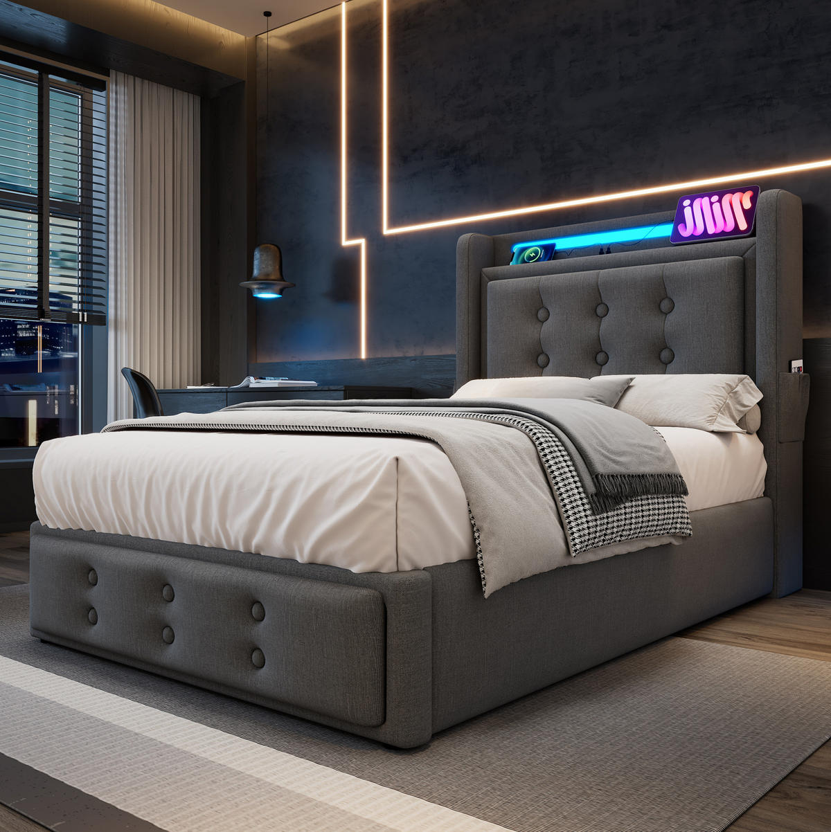 POLSTERBETT 90/200 cm Grau mit LED, Bettkasten und USB- und Type-C-Anschlüssen - Grau, Textil (90/200cm) - Flora Grace