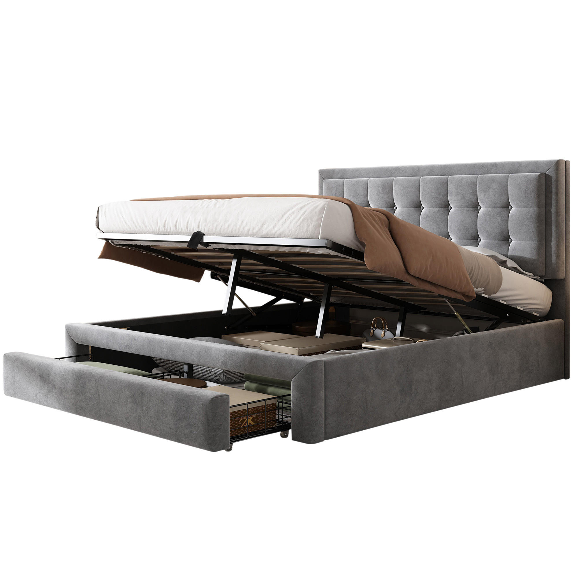 POLSTERBETT 140/200 cm mit verstellbarem Kopfteil, Bettkasten und Schubladen, Samt, Grau - Grau, Textil (140/200cm) - Redom