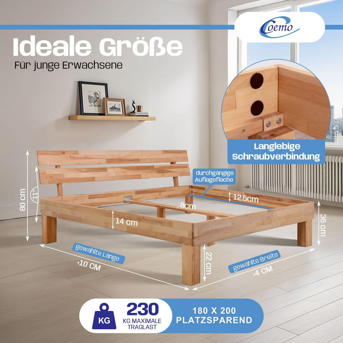 MASSIVHOLZBETT LEAH Buche massiv mit Kopfteil 180/200 cm - Naturfarben, Holz (180/200cm) - Coemo