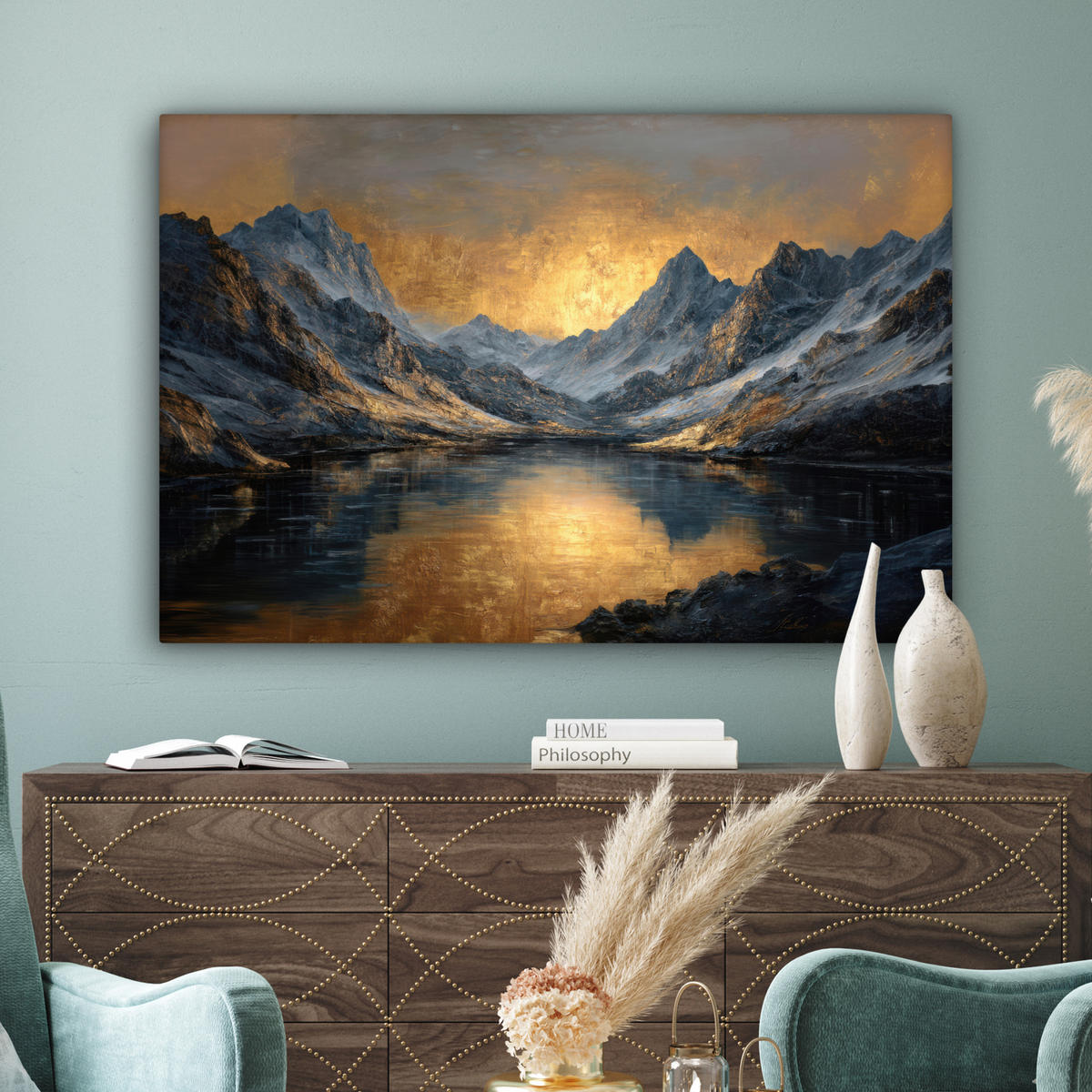 LEINWANDBILD Bergkulisse mit goldenem Sonnenuntergang Groß 140x90 cm - Goldfarben, Textil (140/90cm) - MuchoWow