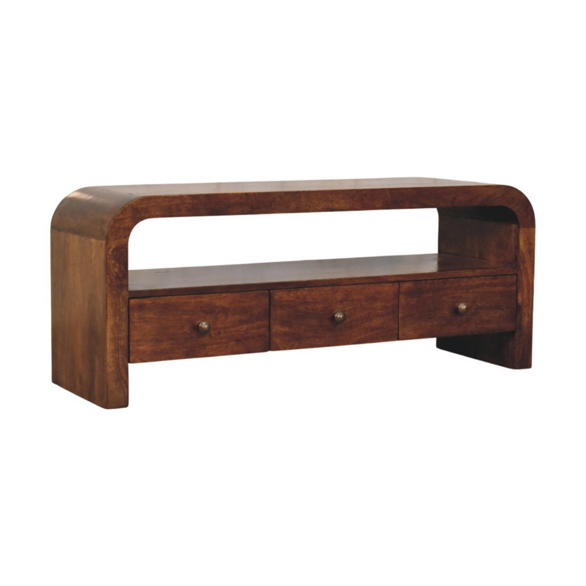 TV-MÖBEL Darcy Kastanie, 3 Schubladen und Offenes Regal, Dunkelbraun - Dunkelbraun/Messingfarben, Holz/Metall (110/45/35cm) - Artisan Furniture