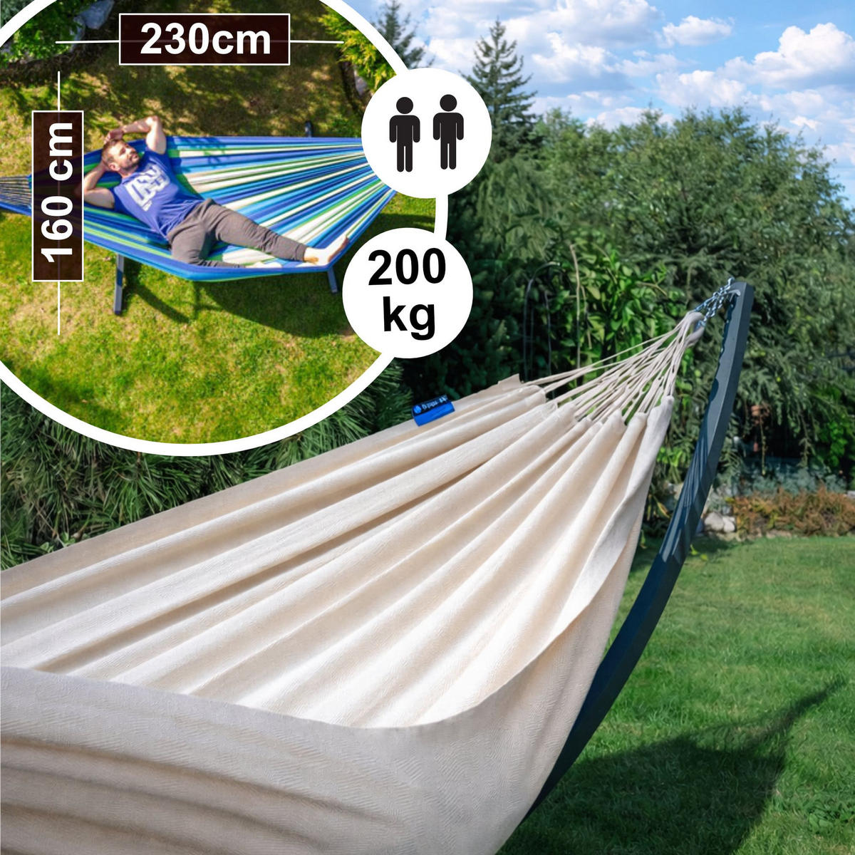 HÄNGEMATTE mit Gestell, 2 Personen, XXL, 200 kg, Metall, Medelin Beige, einfache Montage - Ecru, Metall (370/130/120cm) - Potenza
