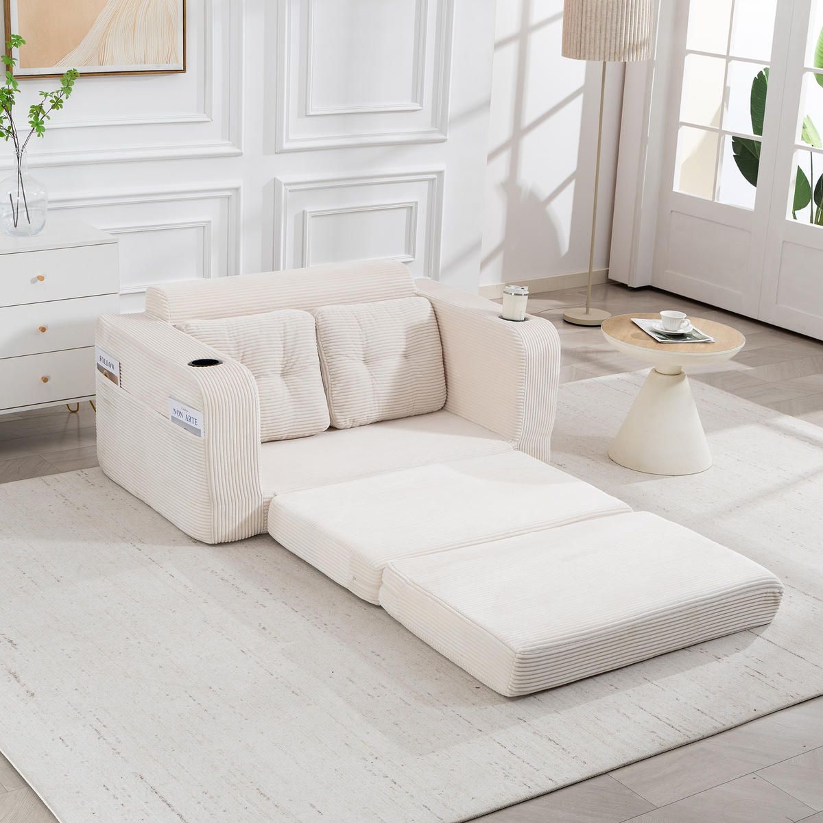 SCHLAFSOFA in Beige Cord mit Getränkehalter und Seitentaschen - Beige, Textil (136/82.5/80cm) - Oxeza