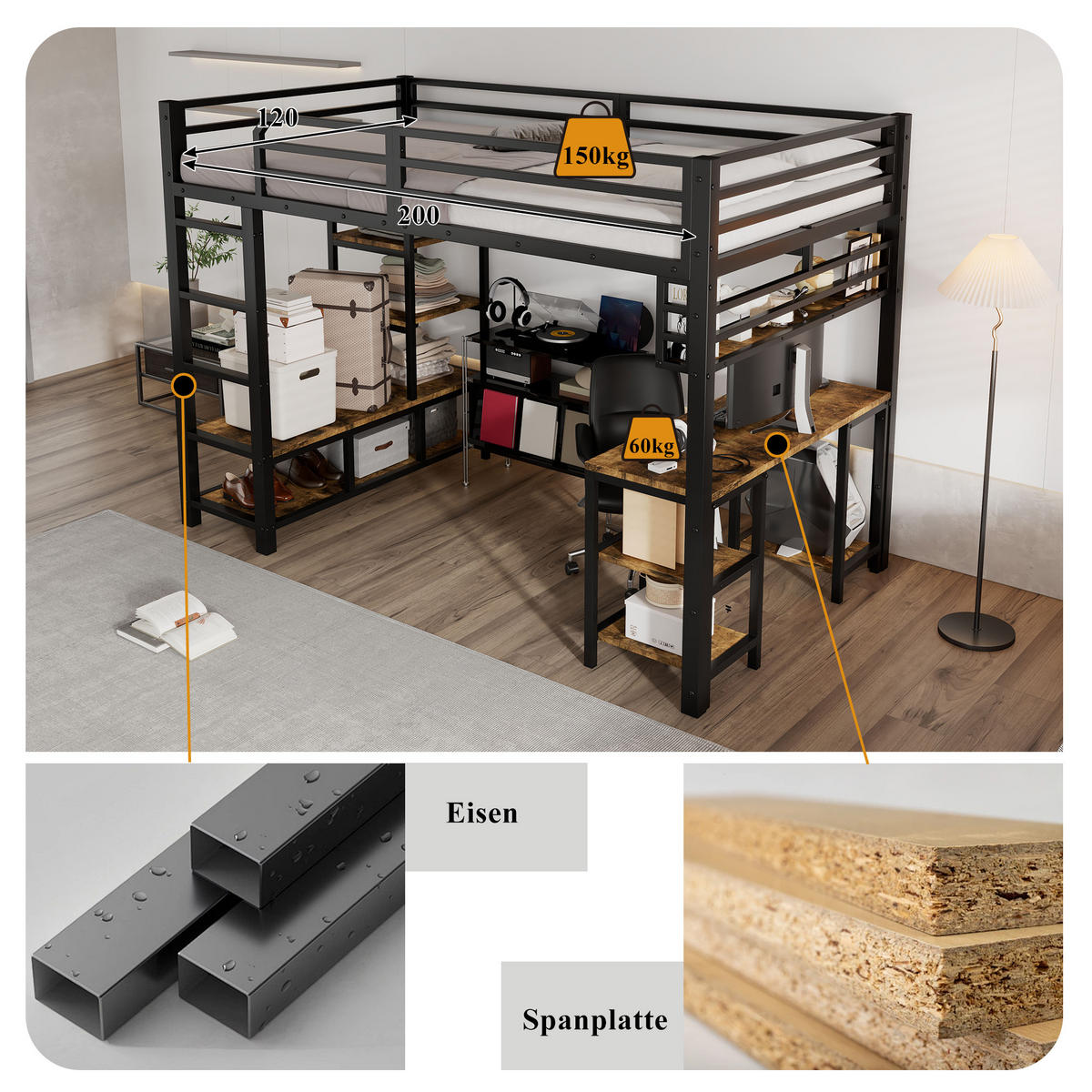 HOCHBETT 120x200 cm Schreibtisch Regal schwarz - Schwarz, Metall (120/200cm) - LEBENLANG