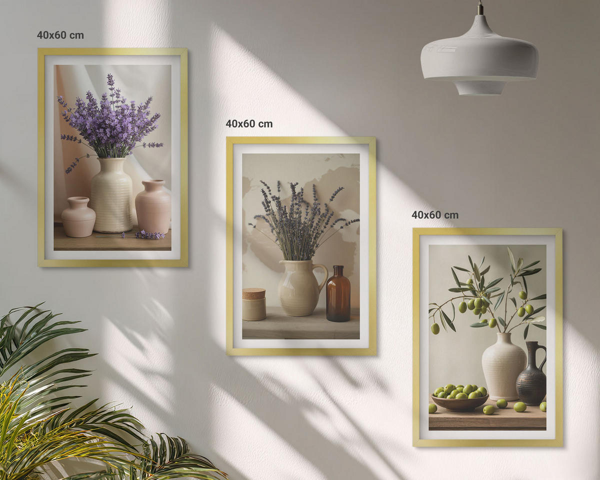 BILDER SET 3er Set - 40x60 cm Goldrahmen - Lavendelblüten, Oliven, Gefäße - Goldfarben, Kunststoff (40/60cm) - TULUP