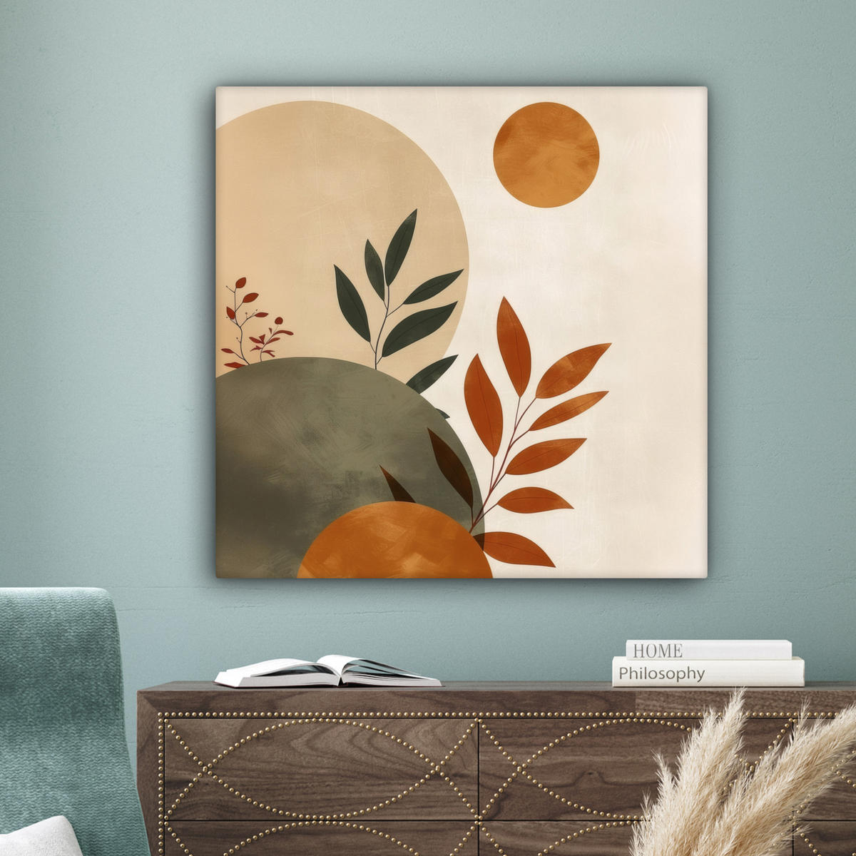 LEINWANDBILD Formen - Rund - Blätter - Beige 90x90 cm - Rostfarben, Textil (90/90cm) - MuchoWow