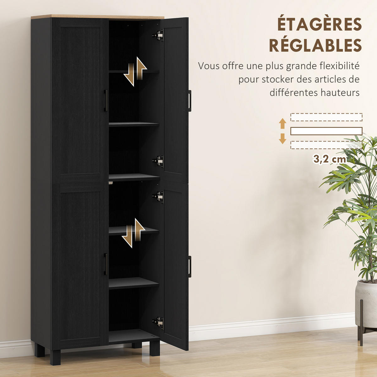 HIGHBOARD DE-11291 4 Türen & verstellbare Böden Schwarz - Schwarz, Holzwerkstoff (30/170.5/60cm) - ComfortXL